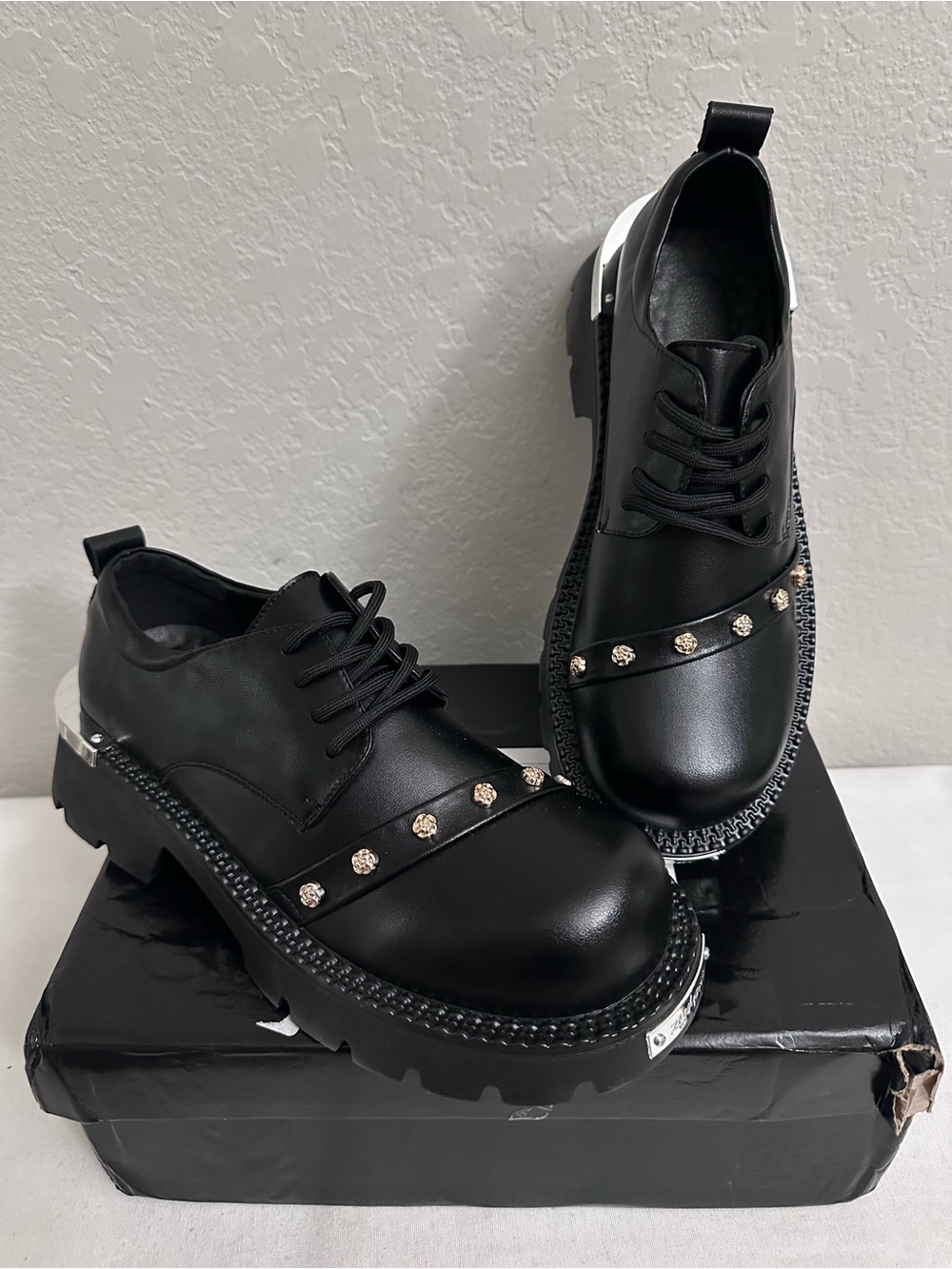 Derby Shoes Men's Foot Platform Metal Lace Up Shoes Chunky Heel Size EU42